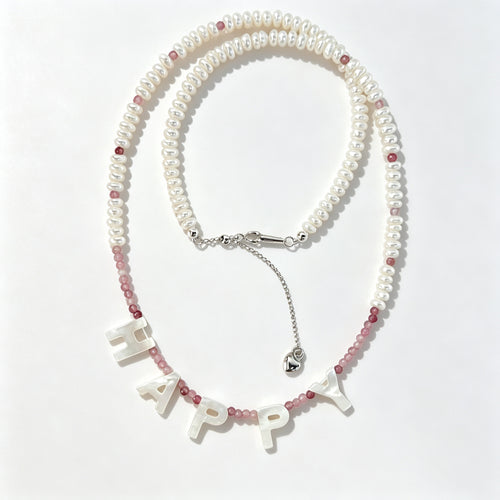"HAPPY" Custom Pearl Necklace (925 Sterling Silver)