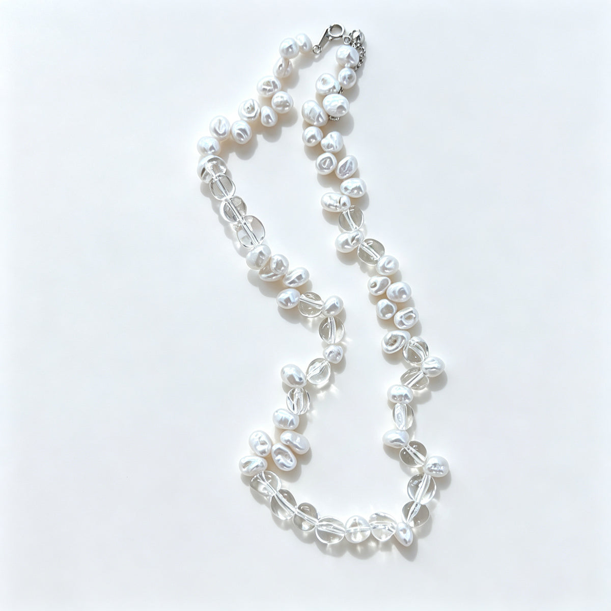 White Crystal & Baroque Pearl Necklace (925 Silver)