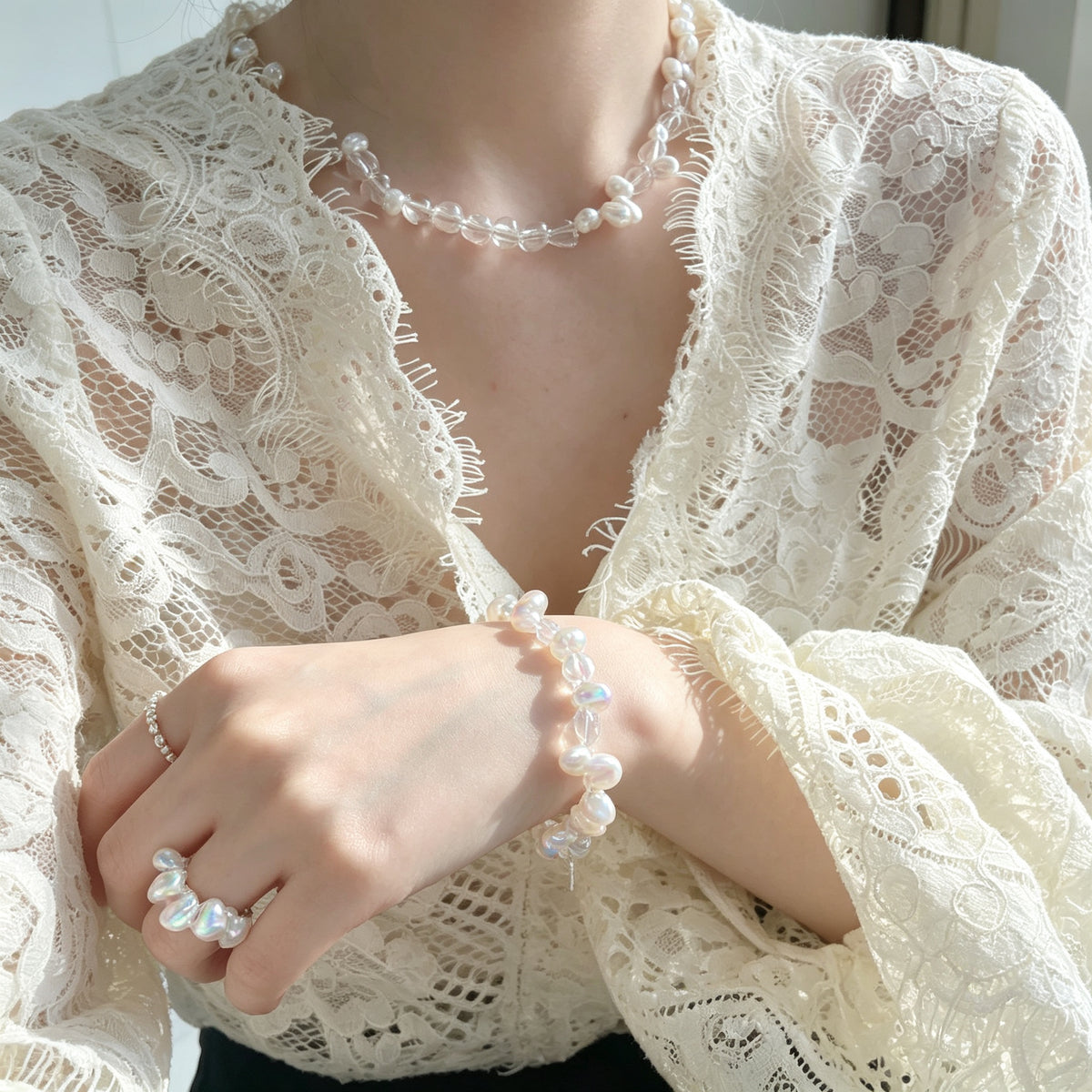 "Ice Wave" Baroque Pearl & Cut Crystal Bracelet