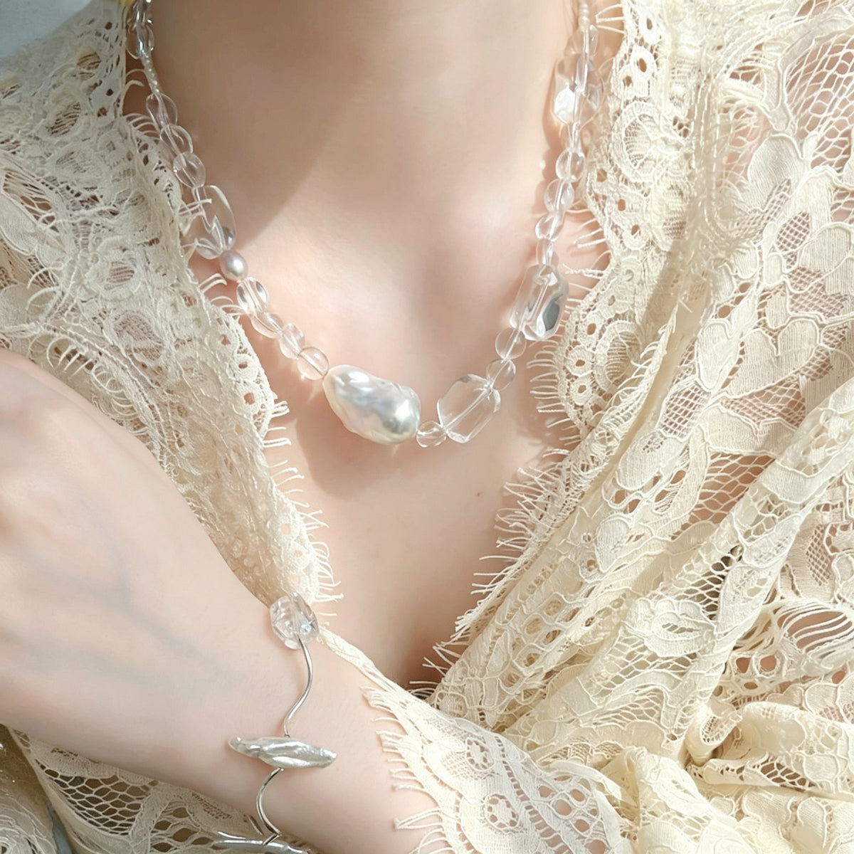 Baroque Pearl & Clear Crystal Glass Necklace