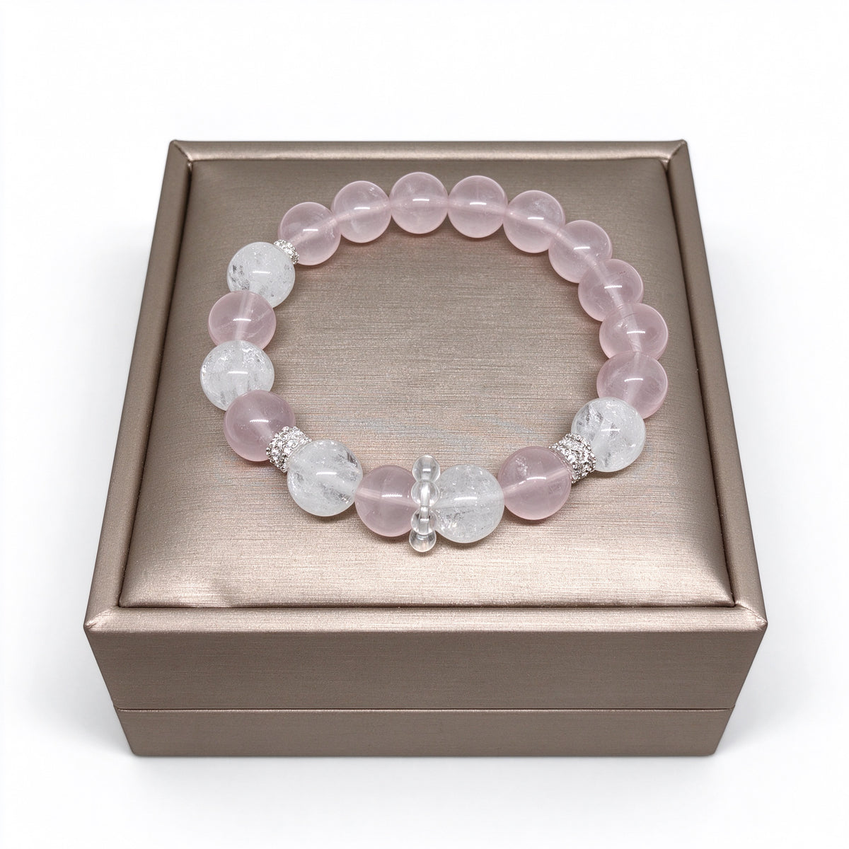 Designer Rose Quartz and Clear Quartz Bracelet in Box