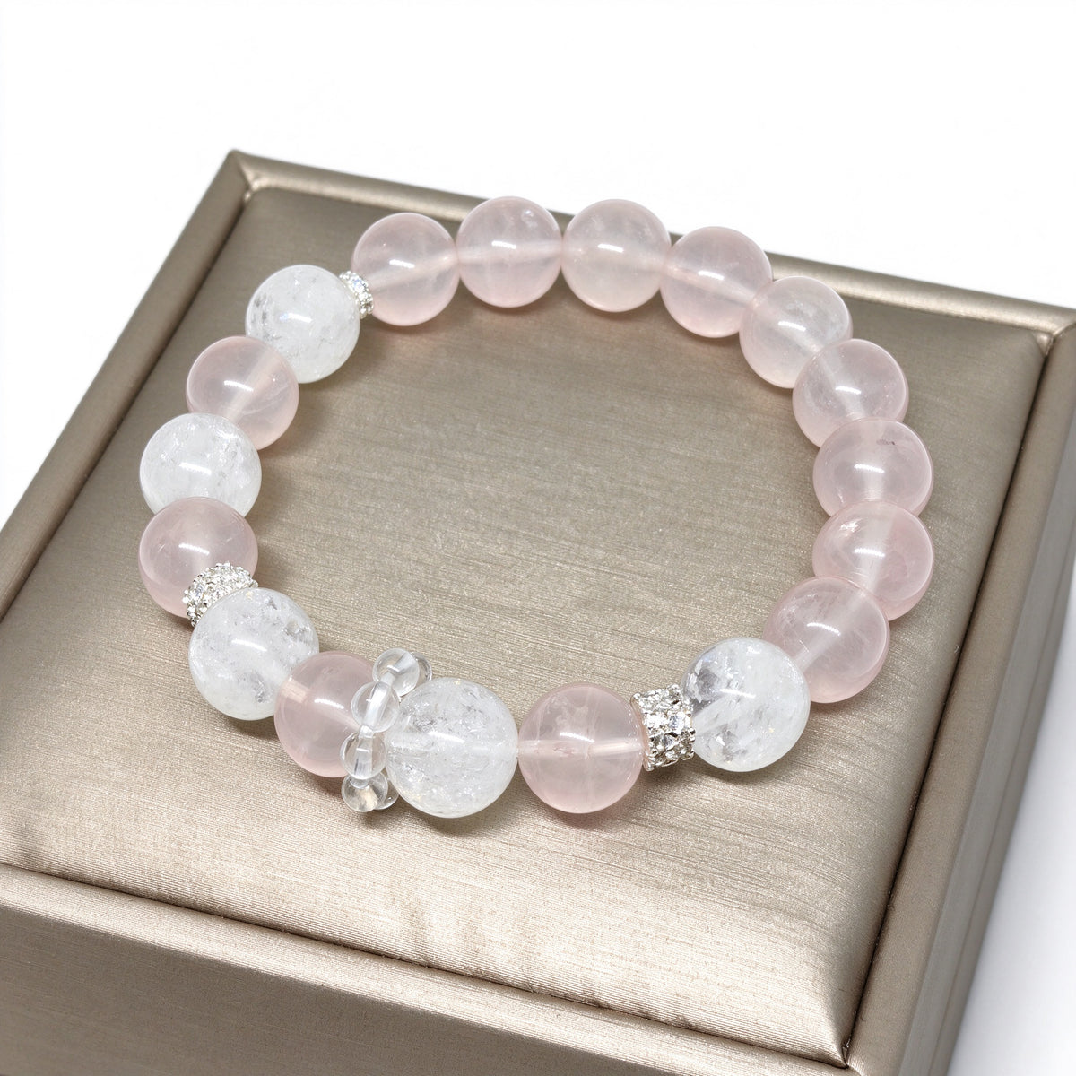 Designer Rose Quartz and Clear Quartz Bracelet Presentation