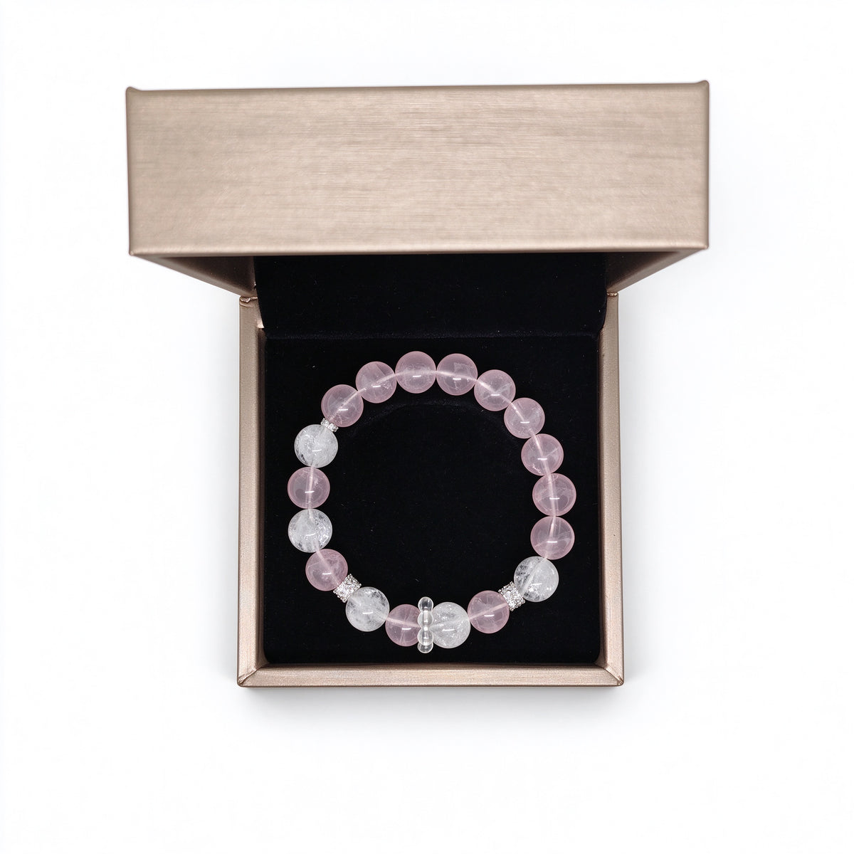 Designer Rose Quartz and Clear Quartz Bracelet Flat Lay