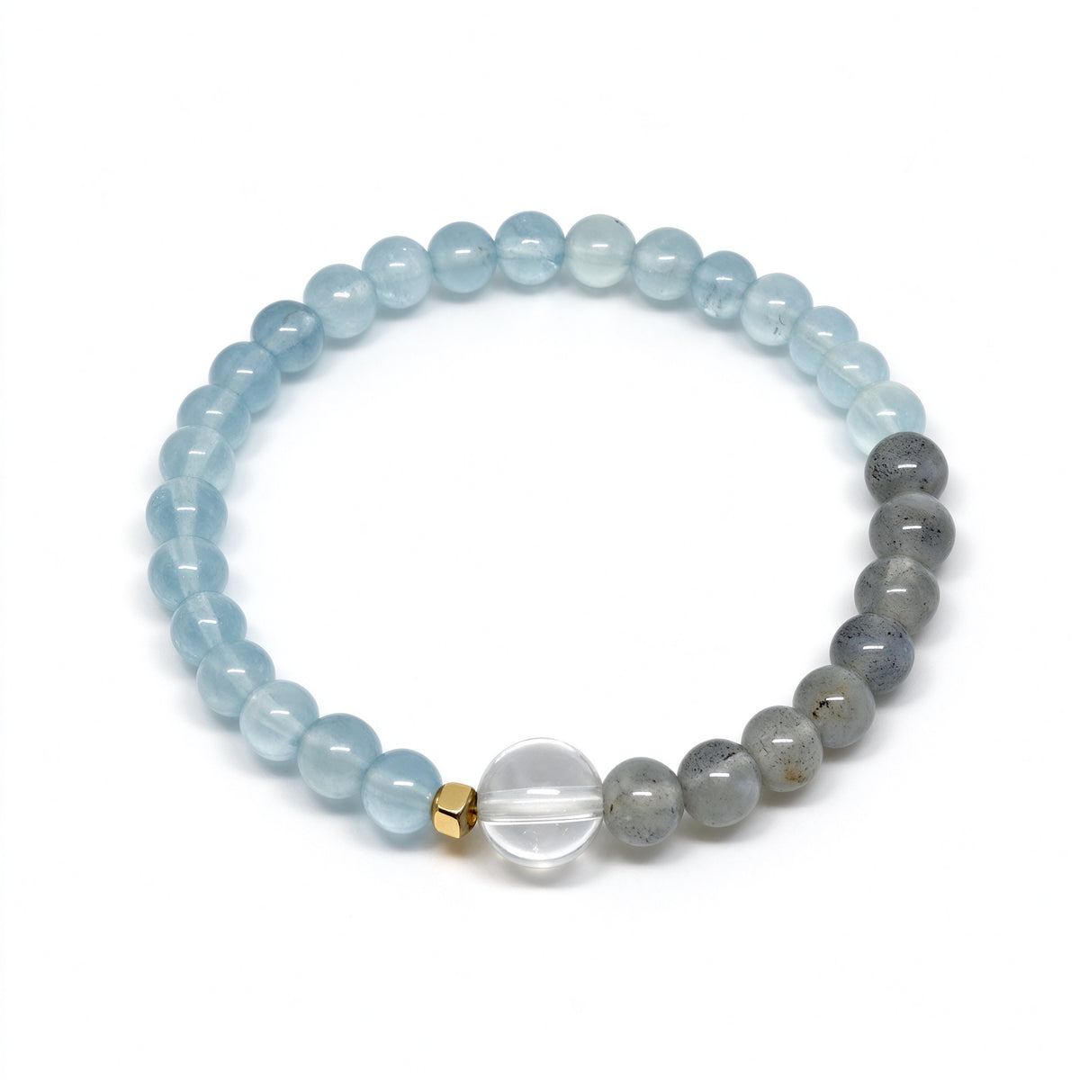 Serenity natural aquamarine and moonstone beaded stretch bracelet on white background