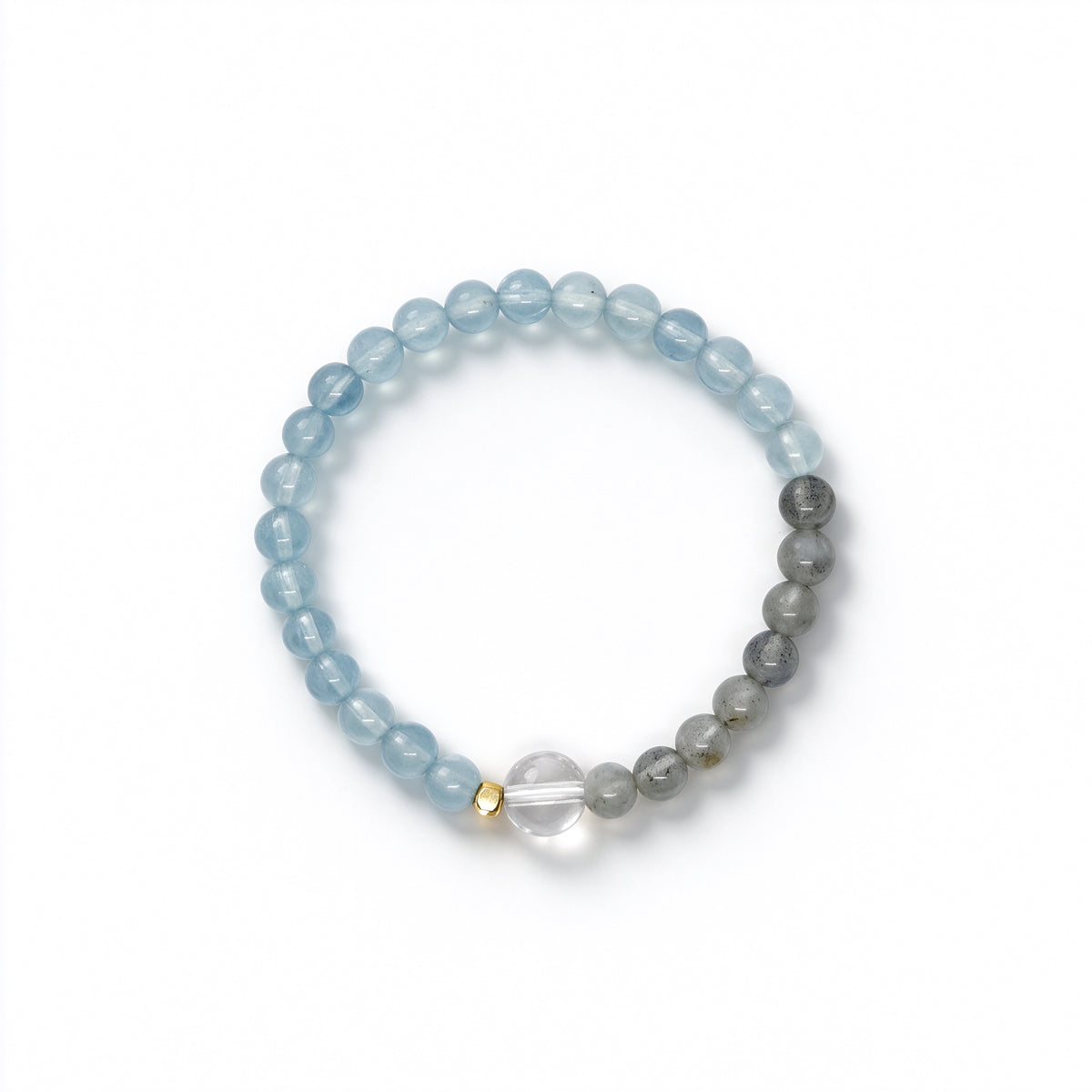 Top view of genuine aquamarine, moonstone, and clear quartz beaded bracelet