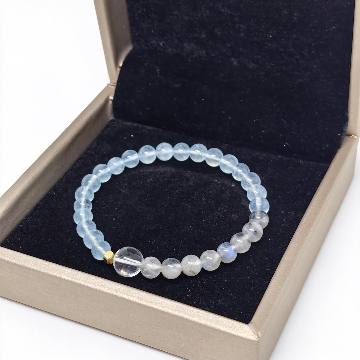 Perspective view of aquamarine and moonstone bracelet in open luxury gift box