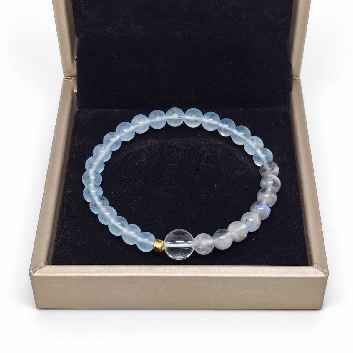 Front angle view of Serenity gemstone bracelet inside presentation jewelry box