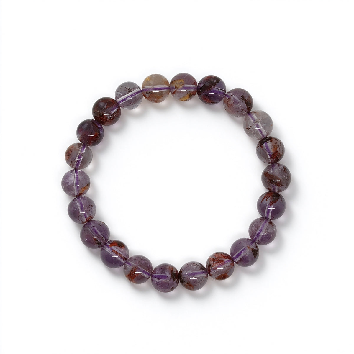Natural 8mm purple phantom quartz beaded stretch bracelet on white background