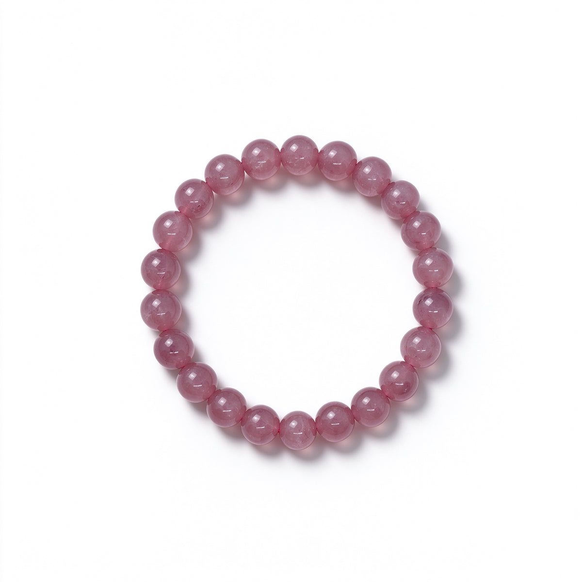 Natural 8mm Madagascar rose quartz beaded stretch bracelet on white background