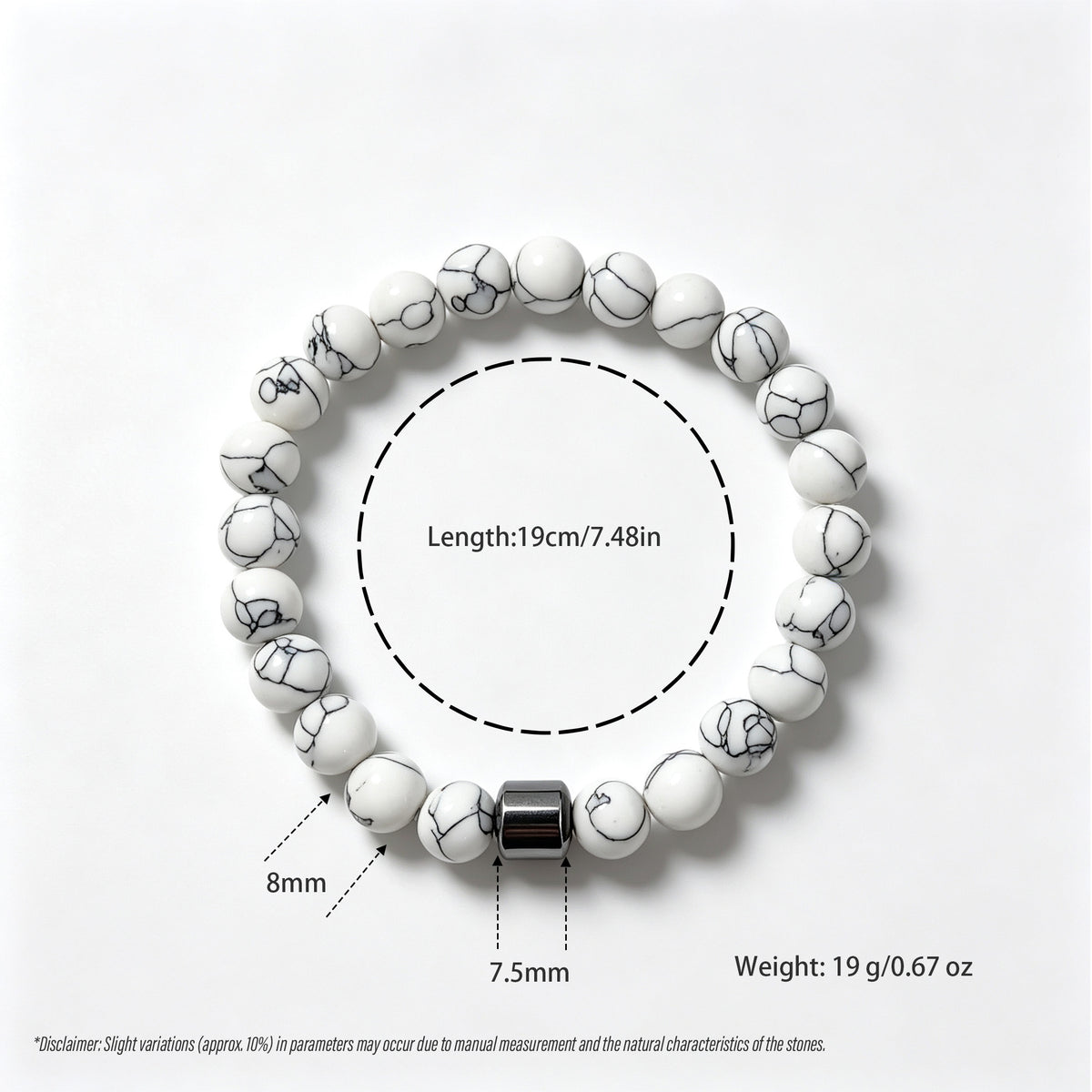 White Howlite & Hematite Stretch Bracelet (8mm)
