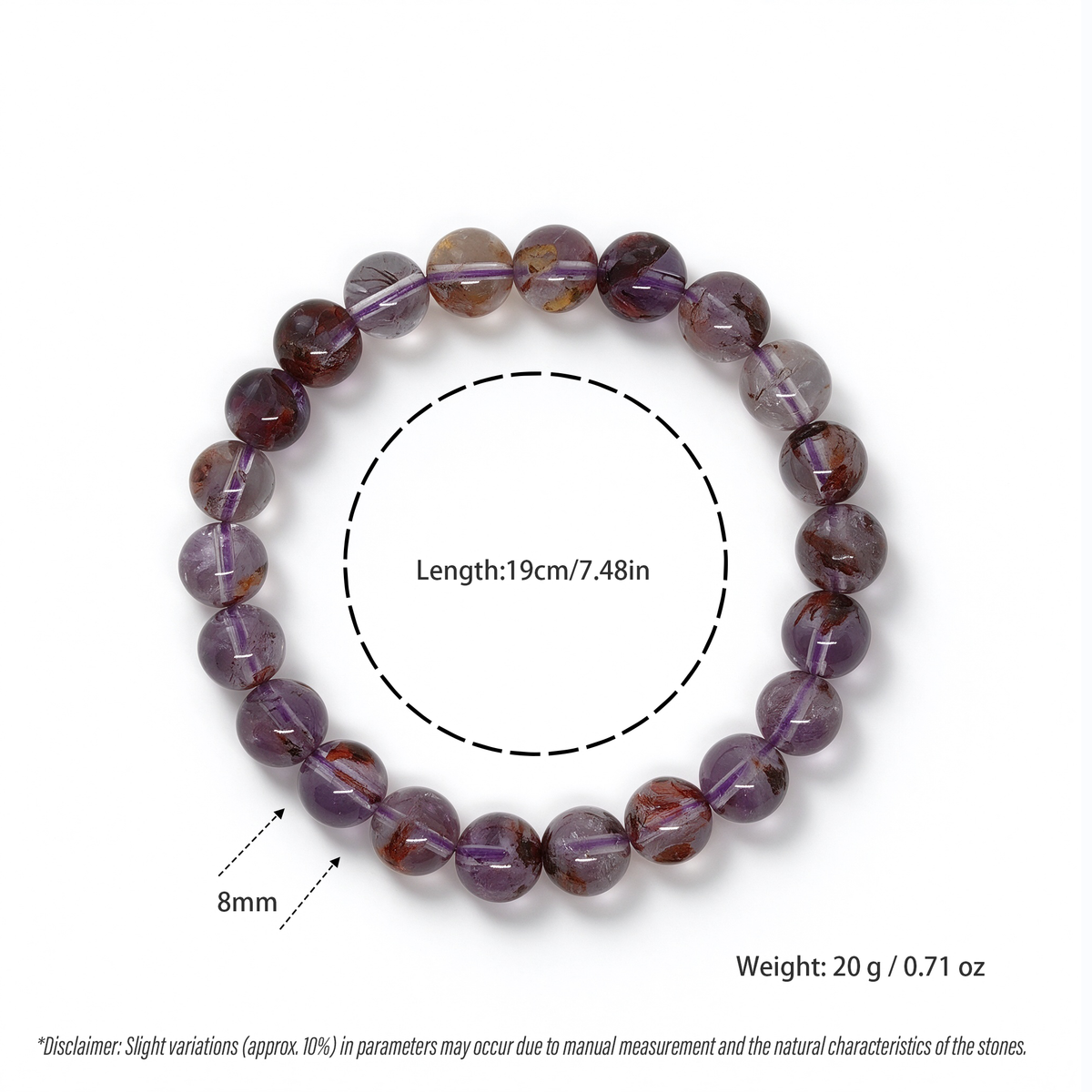Size specification diagram of 8mm purple phantom quartz bracelet with 19cm length