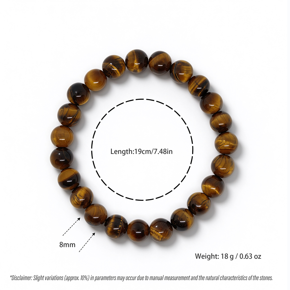 Natural Yellow Tiger's Eye Bracelet Dimensions and Specifications