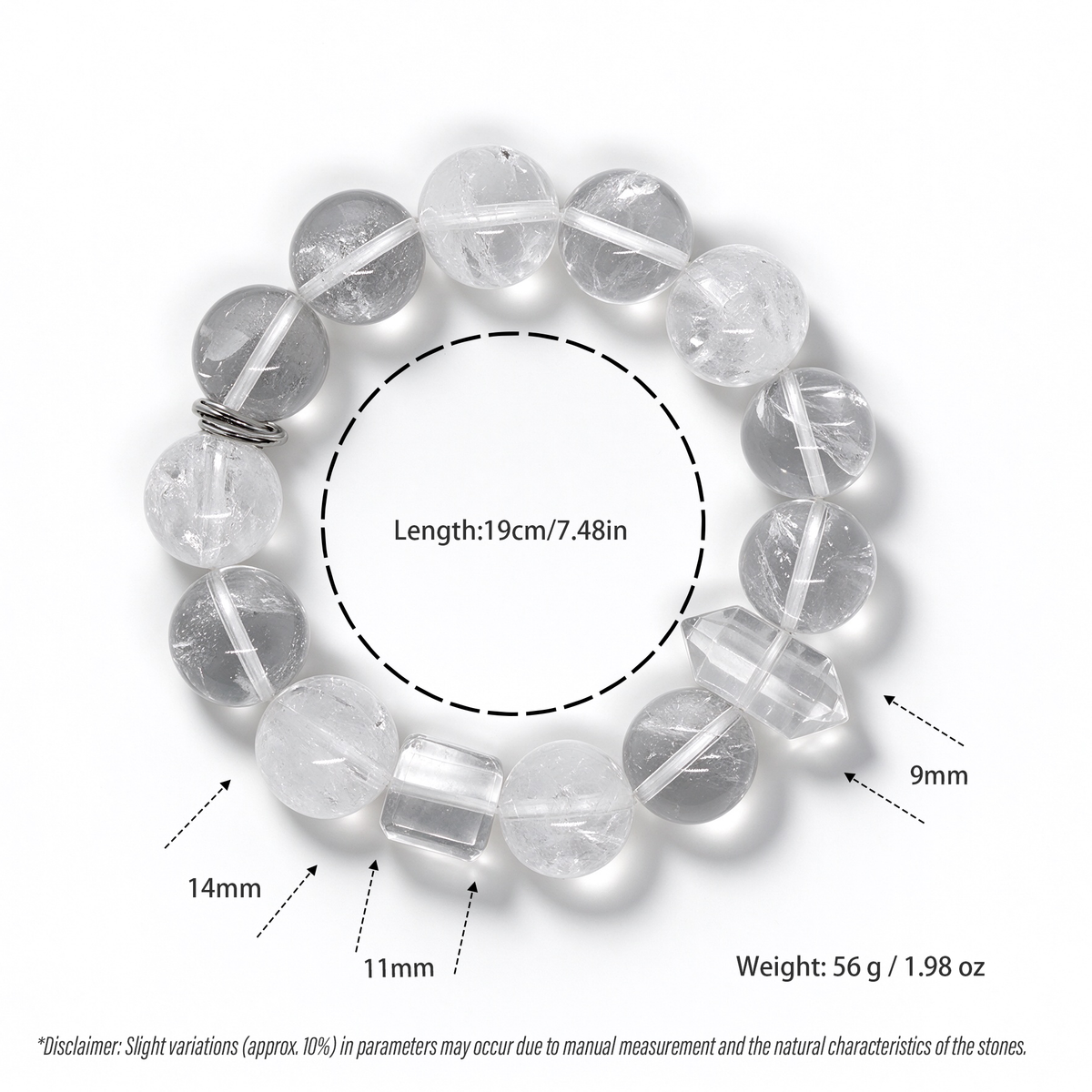 White Azeztulite Clear Quartz Bracelet Dimensions and Specifications
