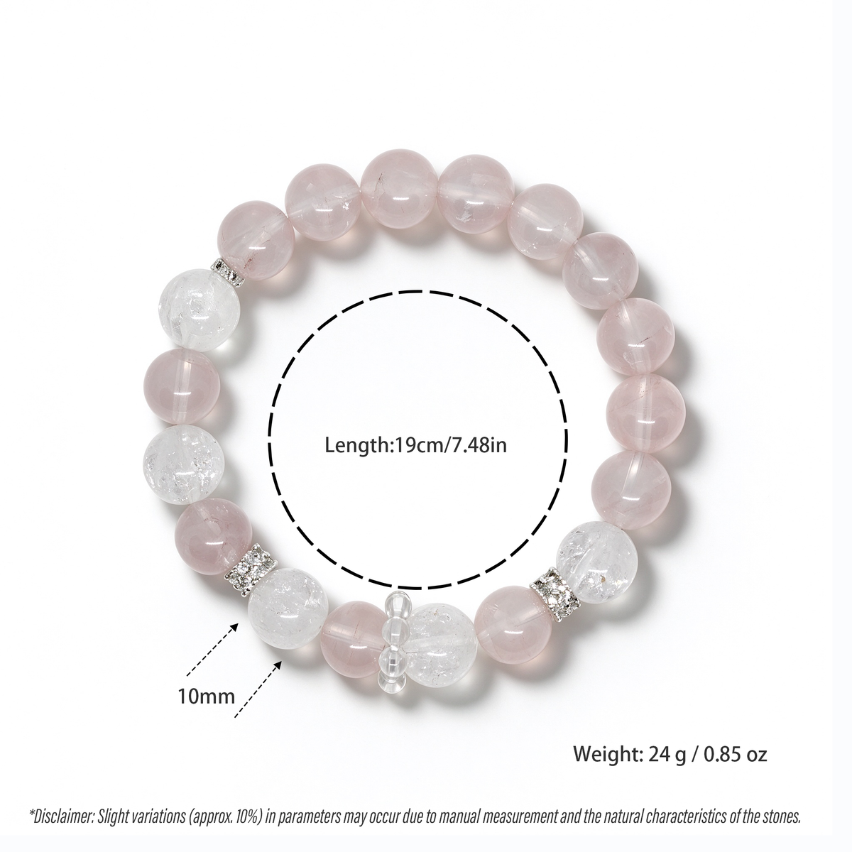 Designer Rose Quartz and Clear Quartz Bracelet Dimensions and Specifications