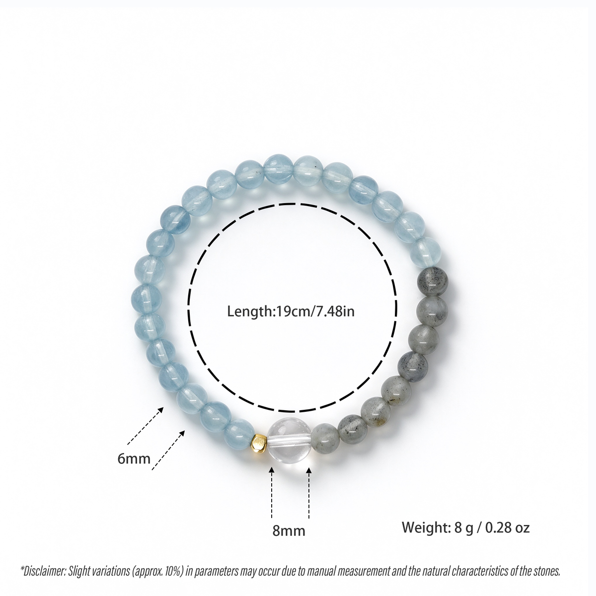 Size specification diagram of Serenity bracelet with 8mm focal and 6mm beads