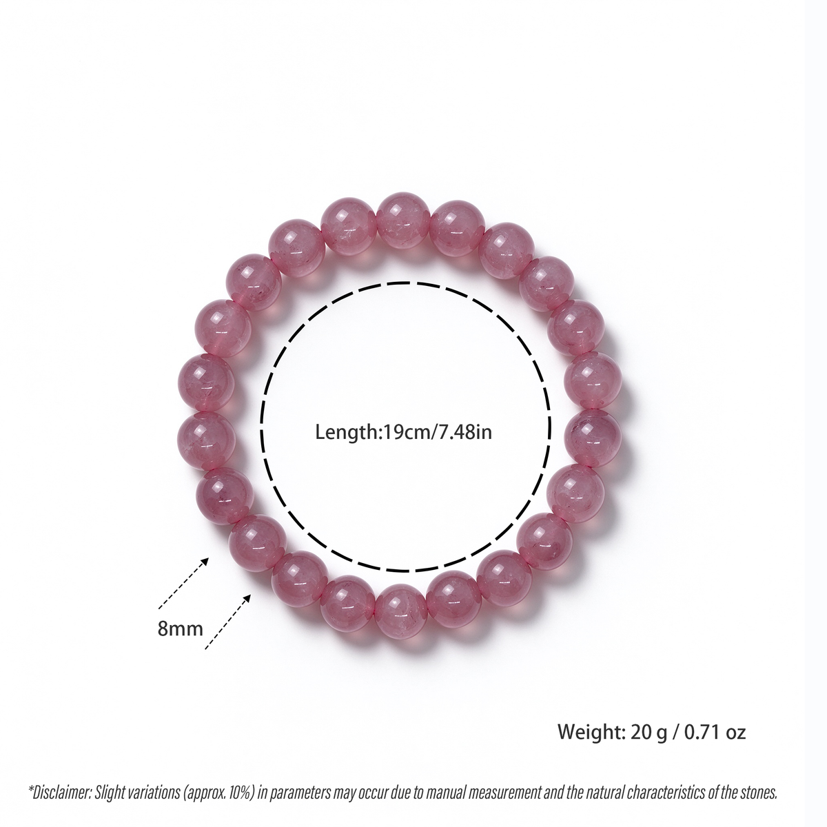 Size specification diagram of 8mm rose quartz beaded bracelet with 19cm length