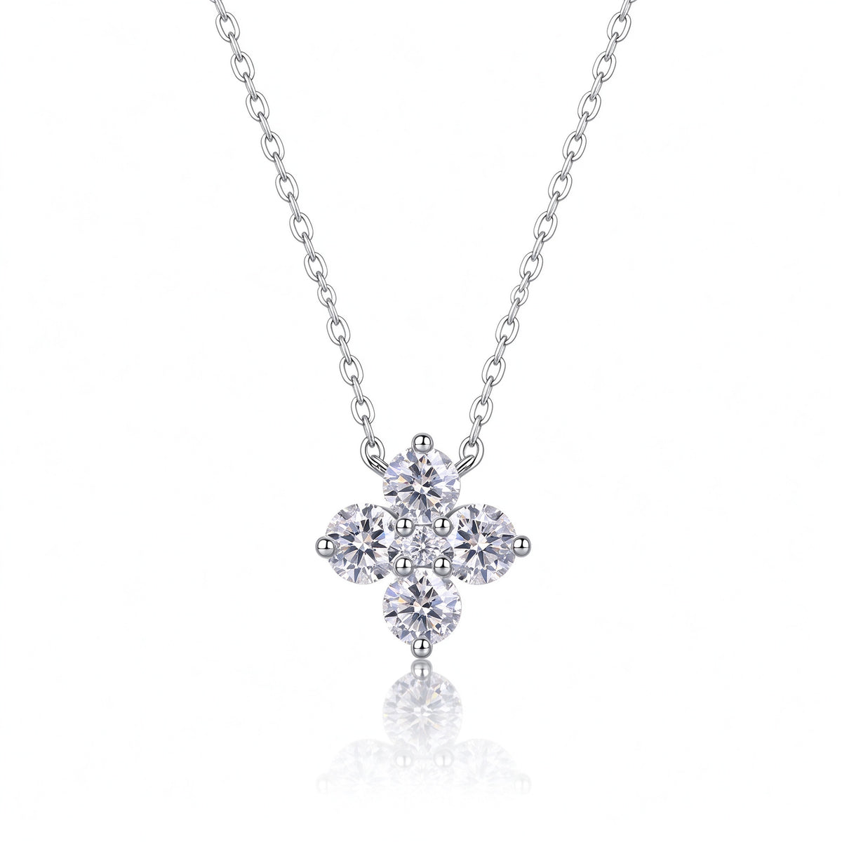 Lucky four-leaf clover moissanite cluster pendant necklace in 925 sterling silver front view