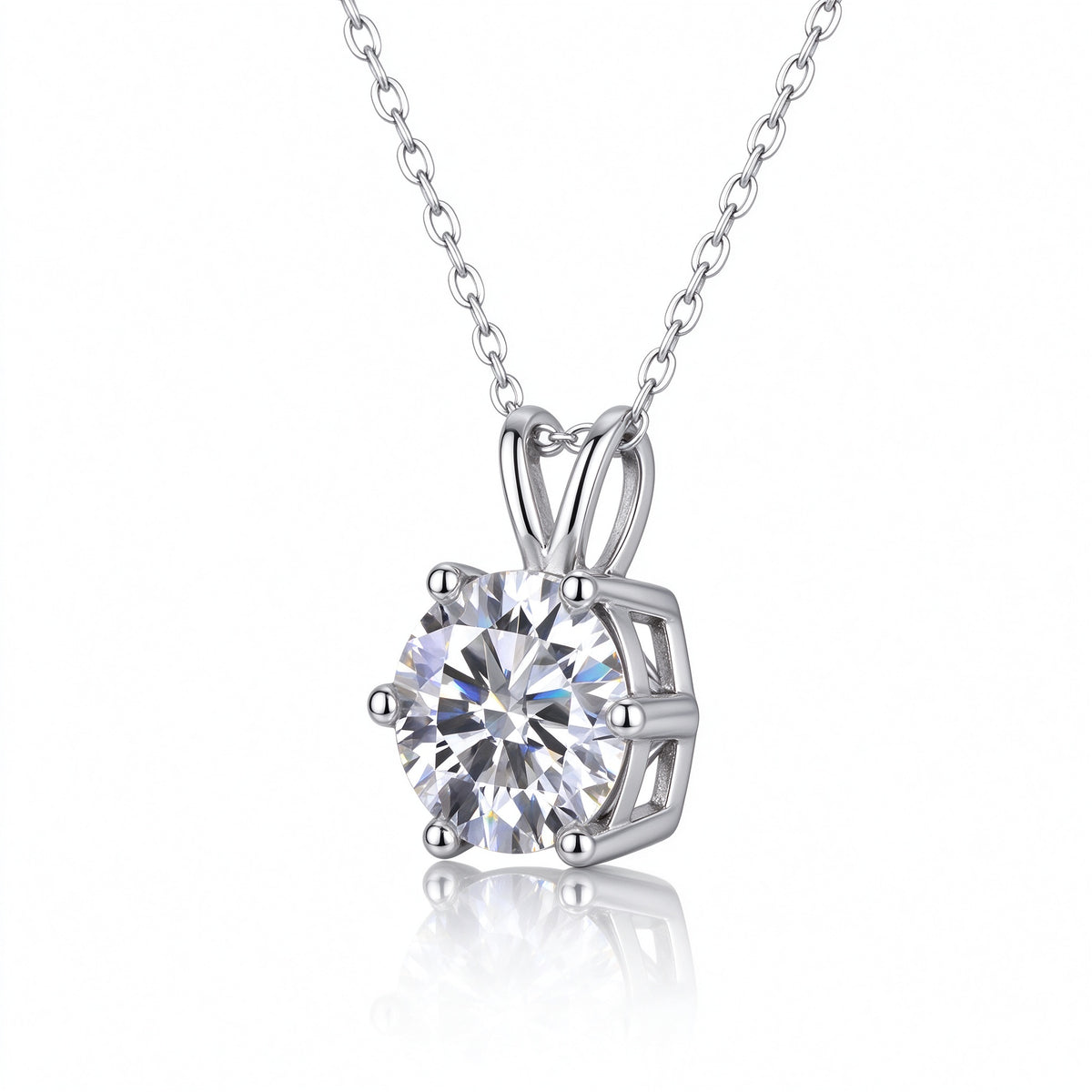 Side angle view of 6-prong basket setting holding 1.0ct round cut moissanite pendant