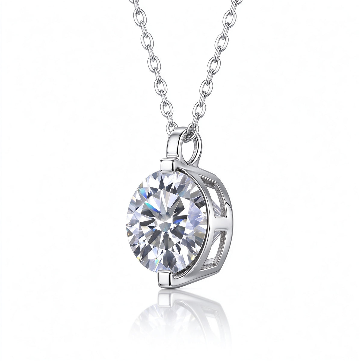Side profile view of open architectural 2-prong setting holding 1.0ct round moissanite