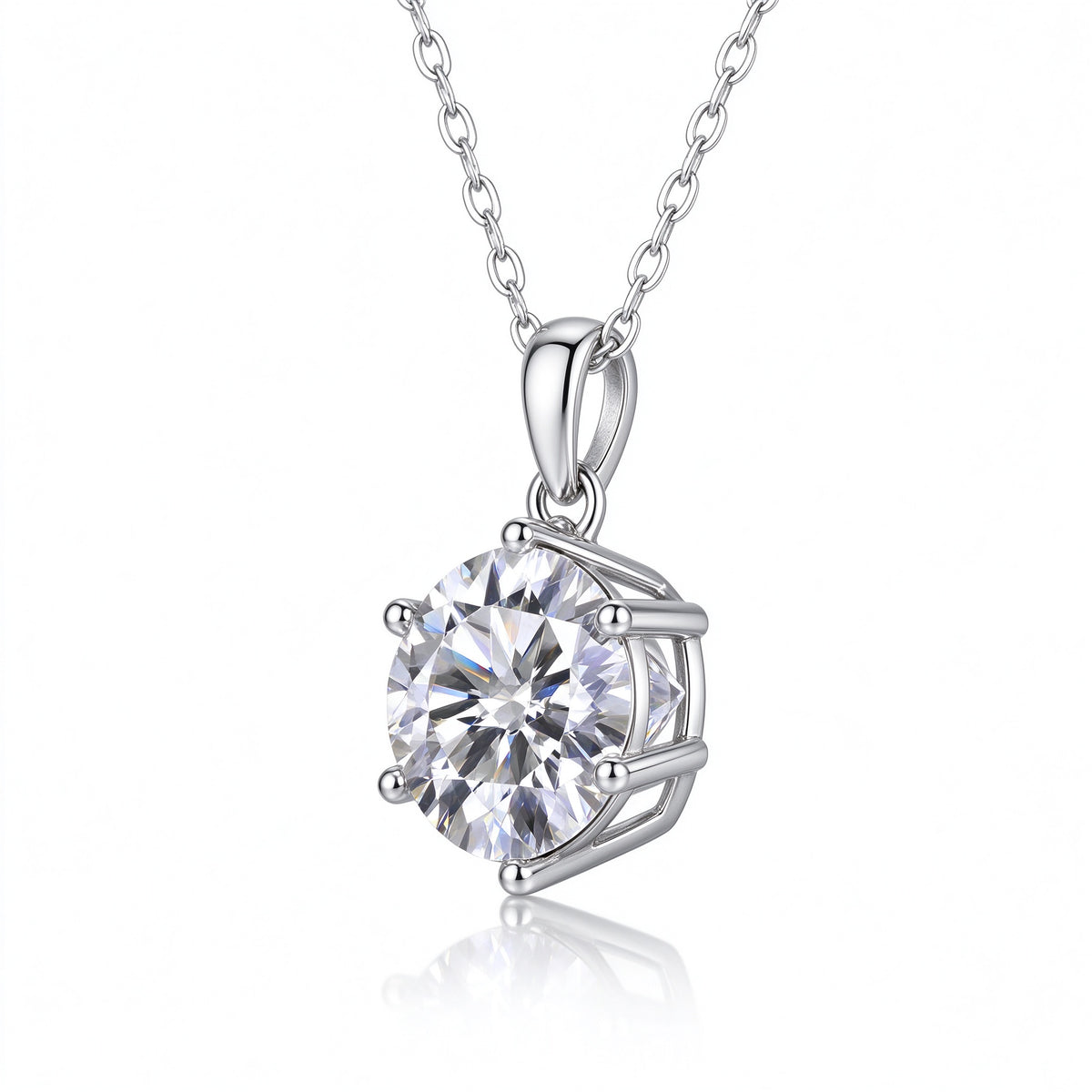 Side angle view of 6-prong basket setting and sleek teardrop bail holding 1.0ct moissanite