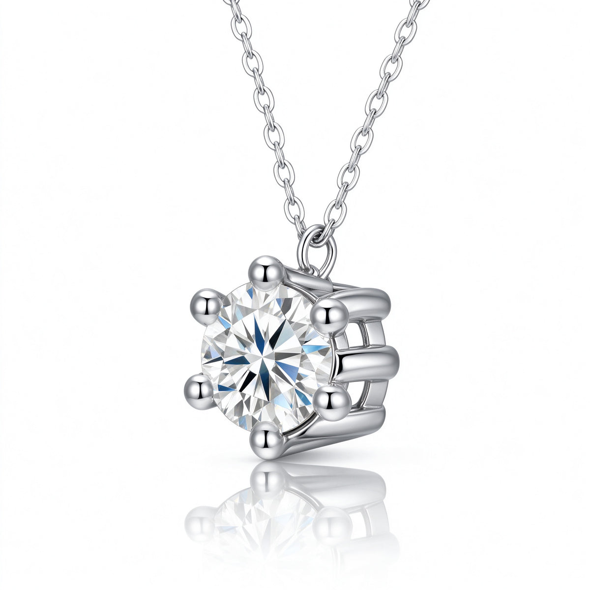 Side angle profile of 6 rounded bead prongs holding 1.0ct round moissanite stone