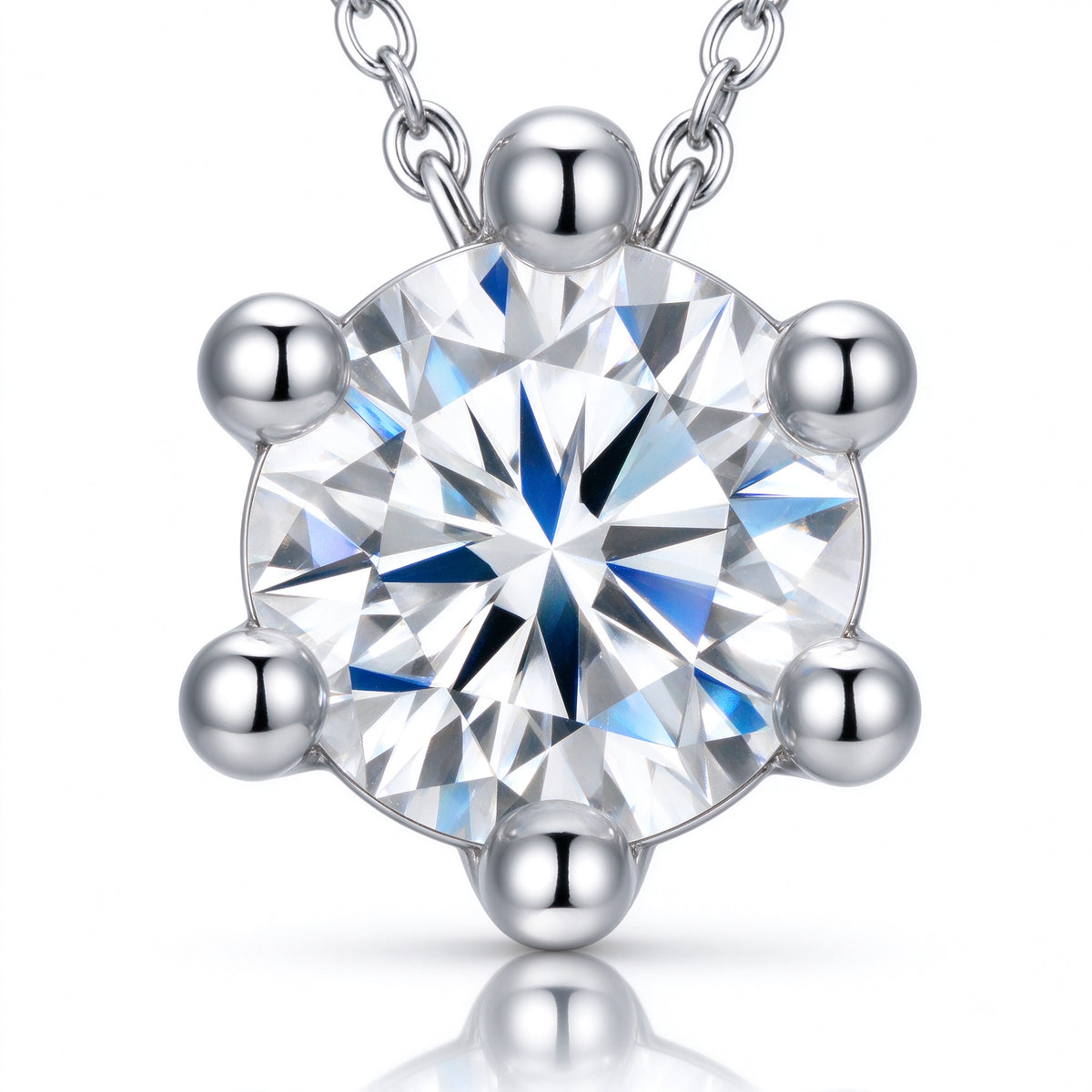 Macro close-up of 1.0 carat moissanite center stone and polished round bead prongs