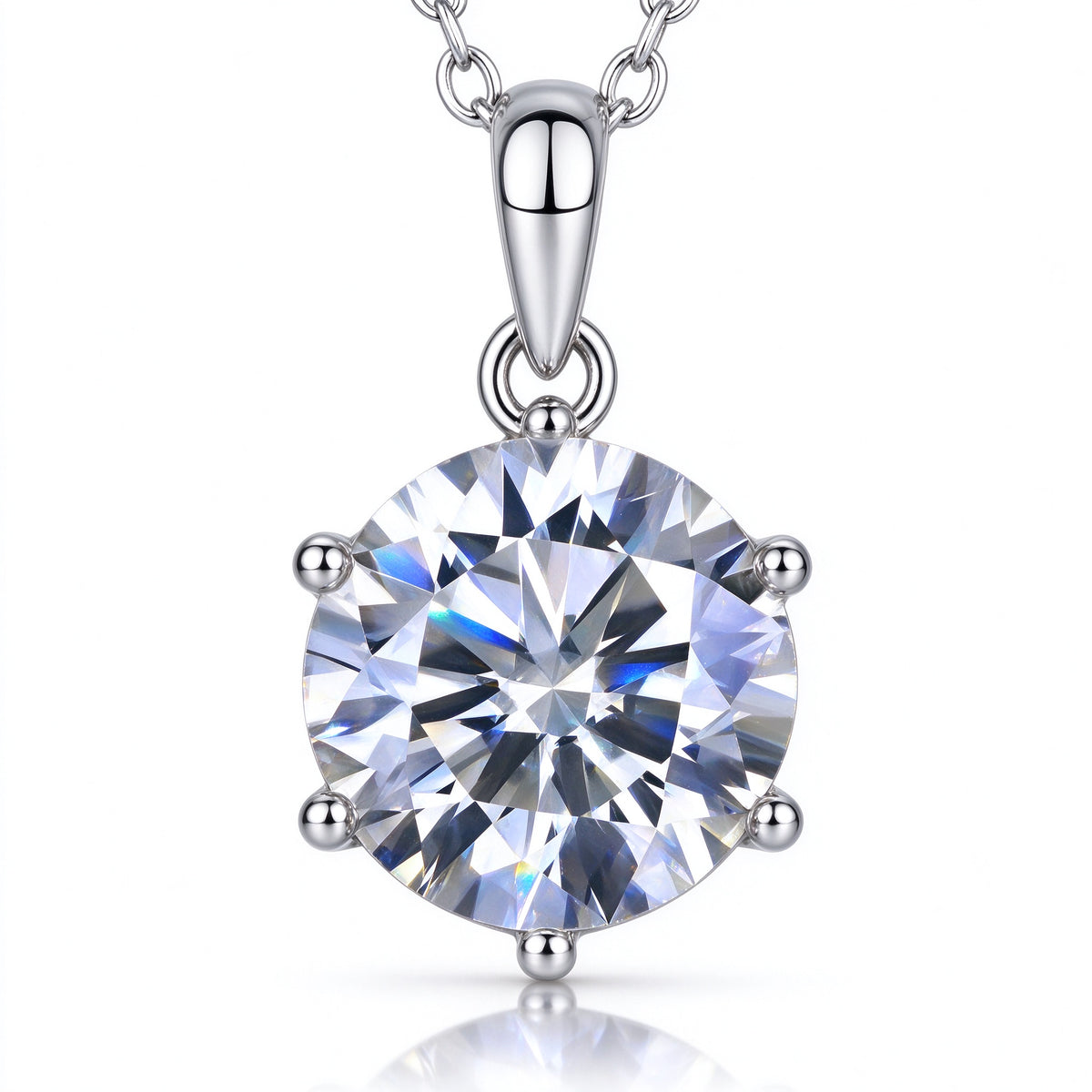 Macro close-up of 1.0 carat round cut moissanite stone and polished teardrop bail