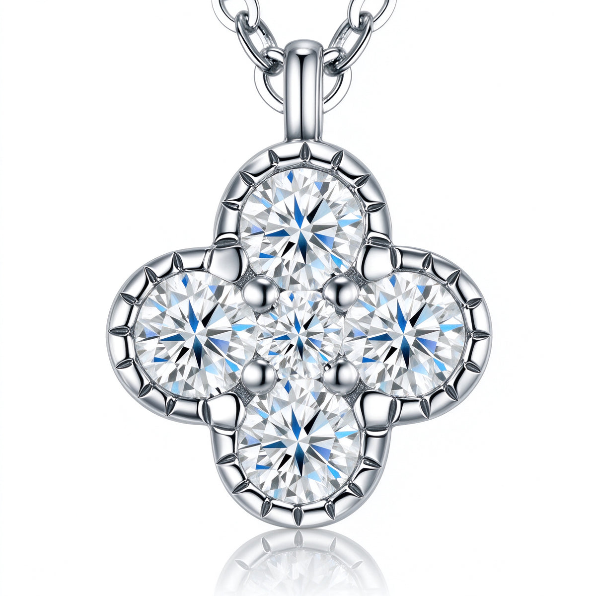 Macro close-up of vintage scalloped border and brilliant 5-stone moissanite clover cluster