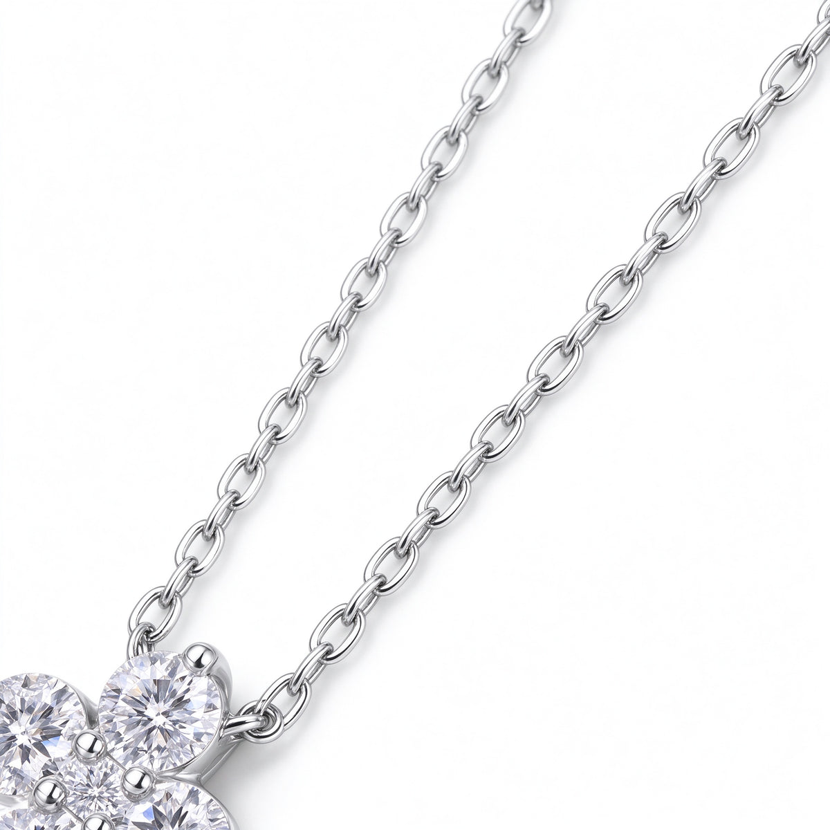 Detail of 925 sterling silver cable chain connected to clover pendant bail