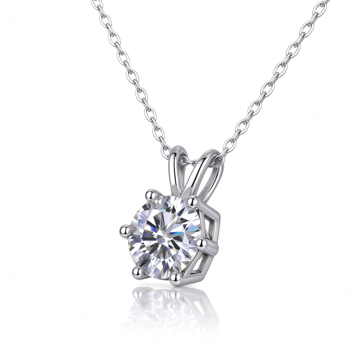 Angled view of 1.0ct round moissanite solitaire pendant necklace with reflective shine
