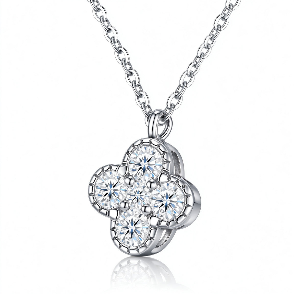 Angled perspective view of vintage scalloped clover moissanite pendant necklace