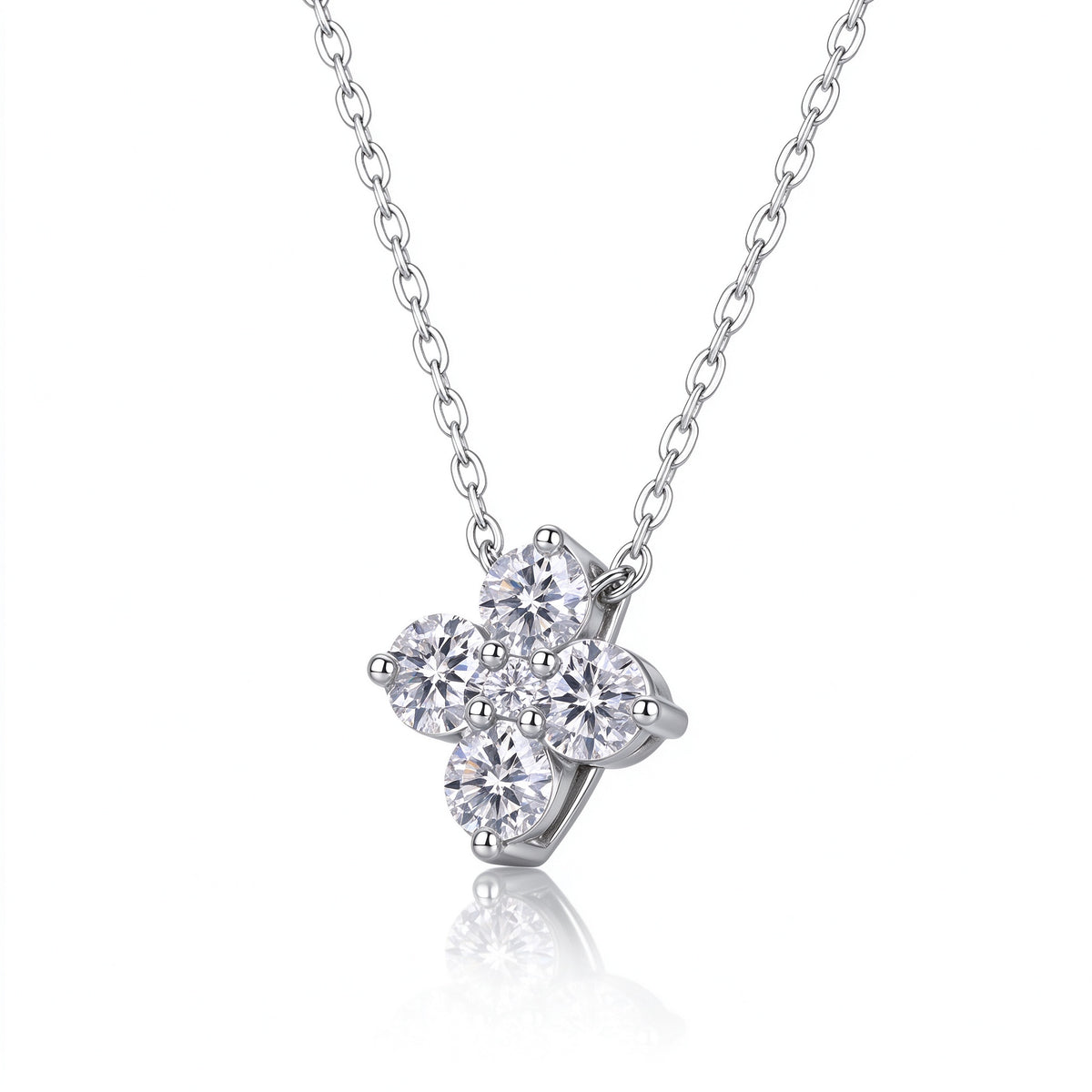 Angled perspective view of four-leaf clover moissanite necklace with brilliant sparkle